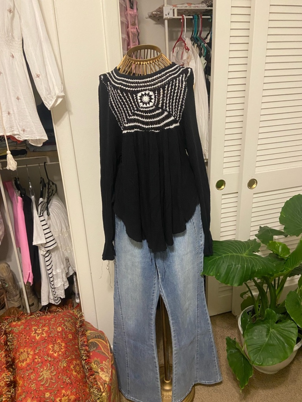Free People Black Sweater with White Crochet Yoke